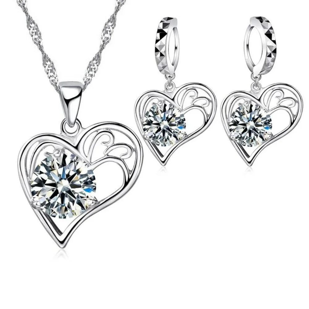 💎 NEW ❤️ Bundle Heart Elegant 925 Sterling Silver Earrings And Necklace Set - Picture 1 of 4